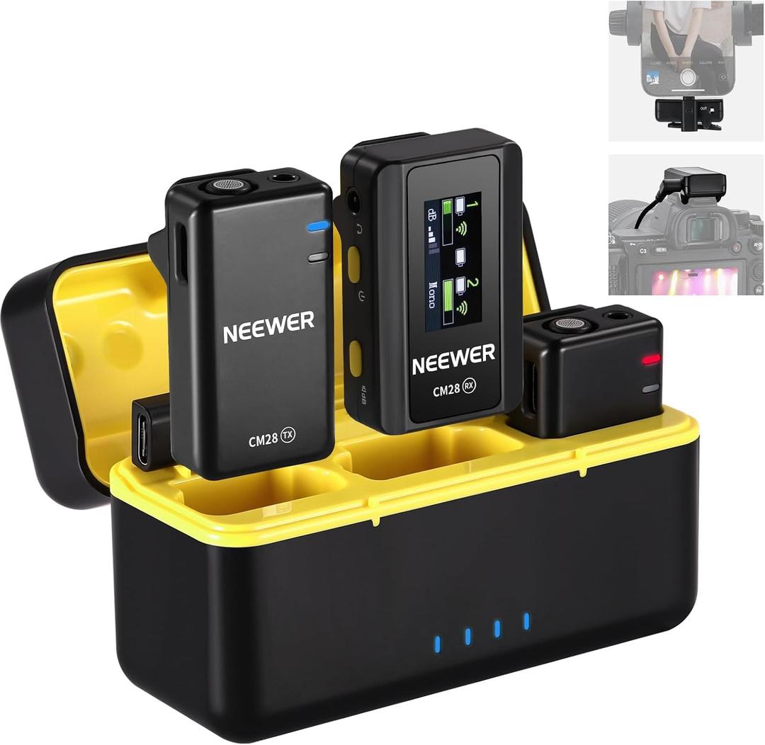 NEEWER CM28 (1 RX + 2 TX + Charging Case), Wireless Lavalier Microphone, Smart Noise Cancelling, 48KHz/16Bit 9 Hrs Uncompressed Recording, 656ft/200m Range, Lav Mic for iPhone, Android, Camera