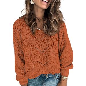 Dokotoo Womens Sweaters 2025 Crewneck Cute Elegant Soft Long Sleeve Hollow Cable Knit Pullover Tops (Large, Orange)