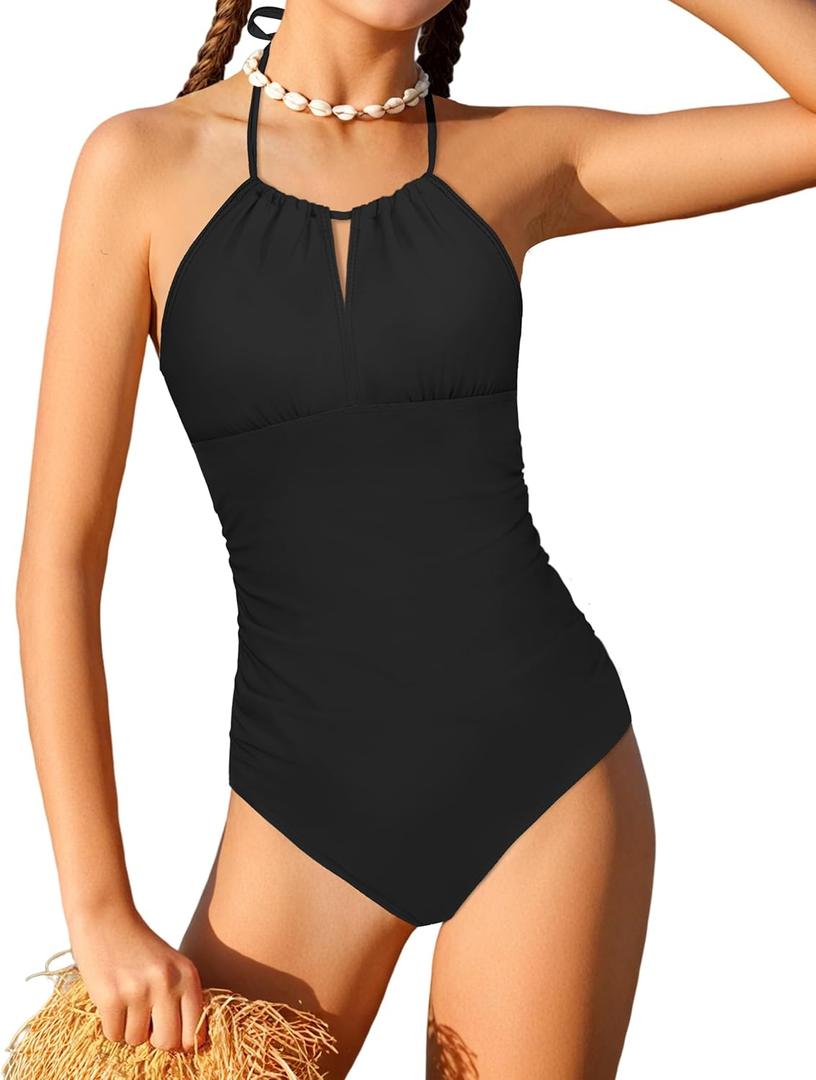 Girls One Piece Swimsuits Modest Padded Girls Bathing Suit Adjustable Straps Solid Full Coverage Swimwear Kids 9-16 (9-10 Years)