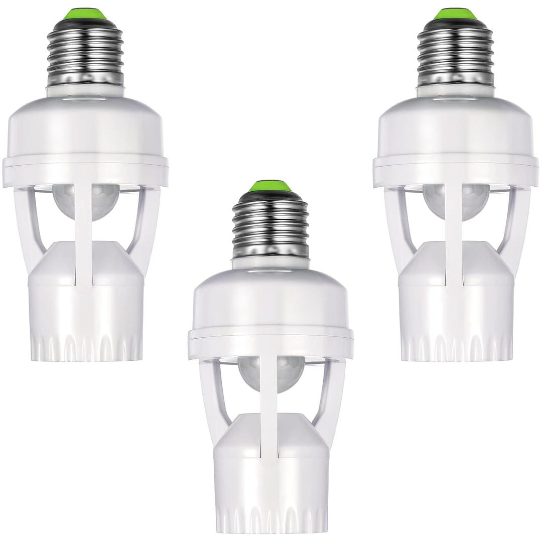 Hortsun 3 Pieces Hortsun Motion Sensor Light Socket Smart Screw in Light Bulb Outlet Compatible with E26/e27 Motion Activated Bulb Holder Adapter Automatic Control for Garage Storage Room (white, silver)
