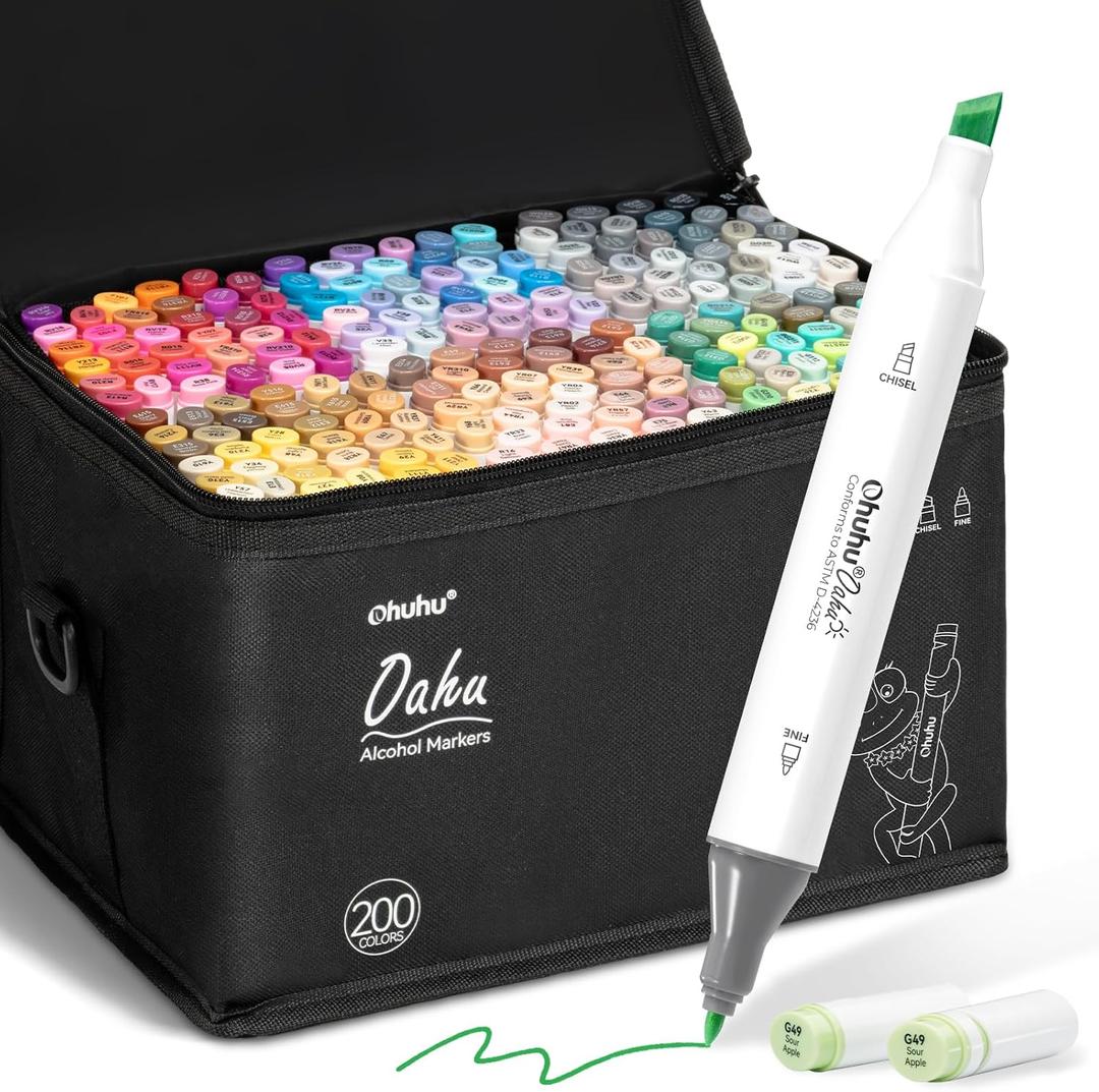 Ohuhu Alcohol Markers 200 Colors - AP Certificated Double Tipped Art Marker Set for Artists Adults Coloring Sketch Illustration - Chisel and Fine Dual Tips - Oahu of Ohuhu Markers - Refillable