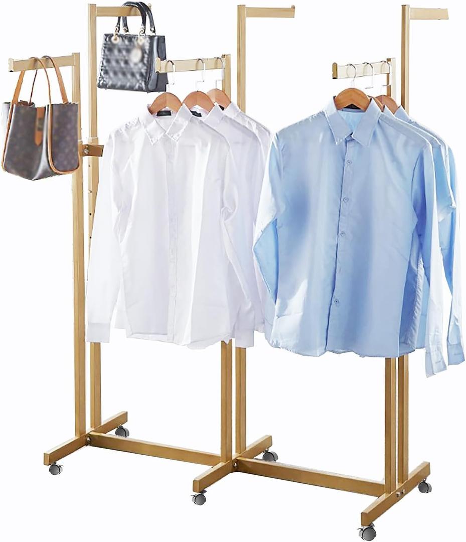 Floor Standing Metal Garment Rack - Heavy Retail Display Racks With Wheels, 6 Arms Clothing Rack, Square Tubing Portable Shirt Racks, Merchandise Display For Hanging Clothes (Gold)