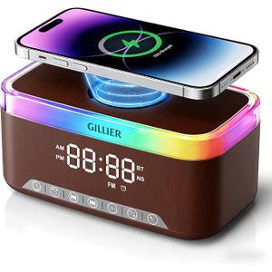 GILLIER Wireless Charging Alarm Clock Radio for Bedrooms – 15W Fast Wireless Charger Station for iPhone Samsung, Bluetooth Stereo Speaker with FM Radio, Dimmable Display, USB Port, Sleep Timer,Pink