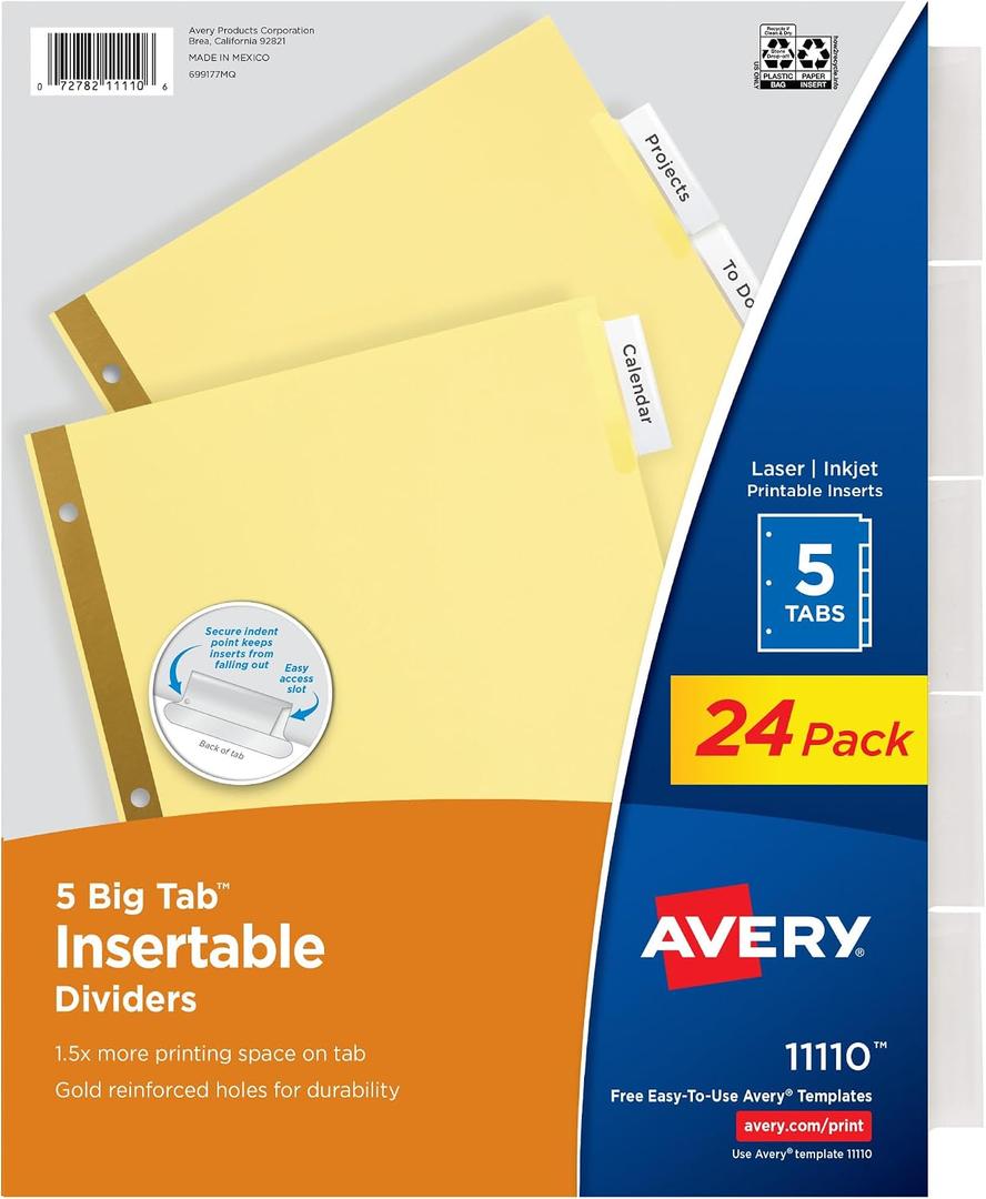 Avery Insertable Dividers for 3 Ring Binder, 5-Tab Set, Clear Big Tabs, Buff Paper with Gold-Reinforced, 24 Sets, Great for Organizing Projects, Reports, Finances, and More (11113)