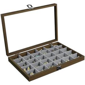Stratalife Wood Jewelry Organizer 30 Grid Earring Tray Jewelry Holder Ring Box Earring Holder Organizer with Clear Lid Ring Storage for Women Vintage Style