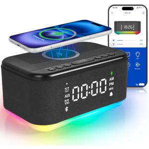 Bluetooth Alarm Clock Radio Bedroom, Digital Dual Alarm Clock Bedroom, Up to 10 Alarms Clock Night Light Speaker App/Button Control FM Charge Snooze Adjustable Volume Dim 12/24H, Black
