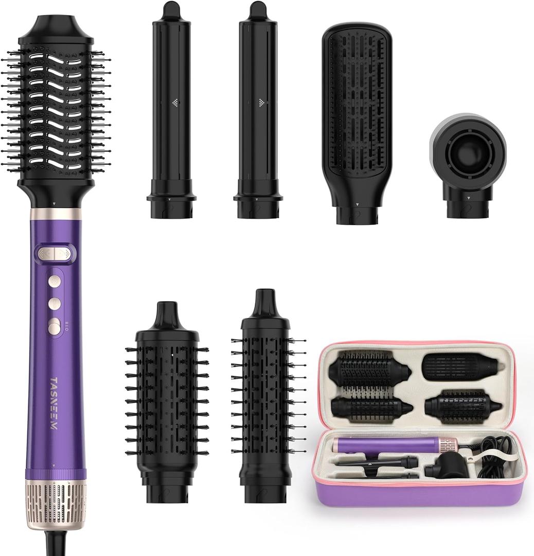 TASNEEM 7 in 1 Hot Air Brush & Rotating Hair Dryer Brush, Air Styler with Auto-Wrap Curlers, Ionic Blow Dryer, Straightener & Oval Brush, Without Heat Damage Multi-Styler with Travel Case (Purple)