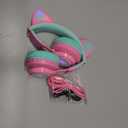 Riwbox CT-7 Cat Ear Bluetooth Headphones, LED Light Up Bluetooth Wireless Over Ear Headphones with Microphone and Volume Control for Travel/School/Smartphones/Laptop/PC/TV (Pink&Green)