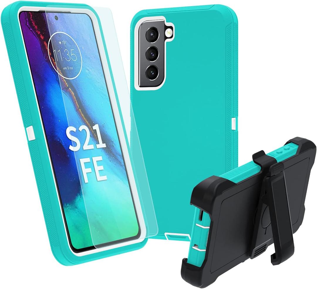 for Samsung Galaxy S21 FE 5G Case, S21 FE Heavy Duty case,[Military Grade Protective ][Shockproof] [Dropproof] [Dust-Proof], Compatible with Samsung Galaxy S21 FE 5G (Teal-White)