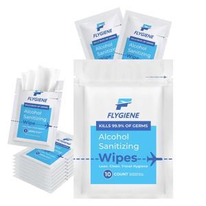 FLYGIENE Travel Wet Wipes for Hands & Surfaces – TSA-Approved, Compact & Unscented Travel Pack – 70% Alcohol Wipes Individually Wrapped, 10 Count (Pack of 1)