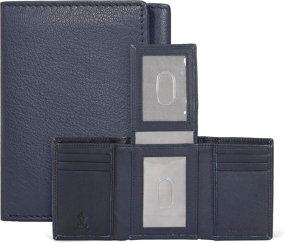 ESTALON Leather Trifold Wallet For Men with RFID Blocking - Men's Trifold Wallet with 9 Credit Card Slots 2 ID Window - Gifts For Men, Him (Navy)