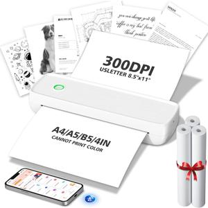 MinZhi Inkless Portable Printer for Travel, Wireless Printer Supports 8.5 x 11 Inch Thermal Paper, Bluetooth Machine Includes 3 Rolls of Thermal Paper Set