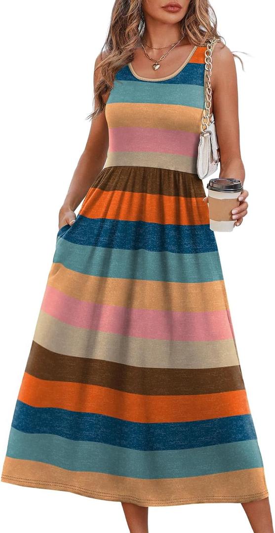 WIHOLL Summer Dresses for Women Beach Vacation Clothes Cruise Resort Wear Outfits 2026 Sun Dress Flowy Midi Maxi Dresses for Seniors Sundresses Spring Dresses Boho Multi-Striped 2XL