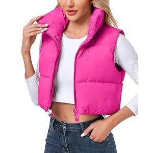 Cityork Women's Winter Crop Vest Puffer Lightweight Stand Collar Padded Vest Zip Up Sleeveless Jacket Rose Red L