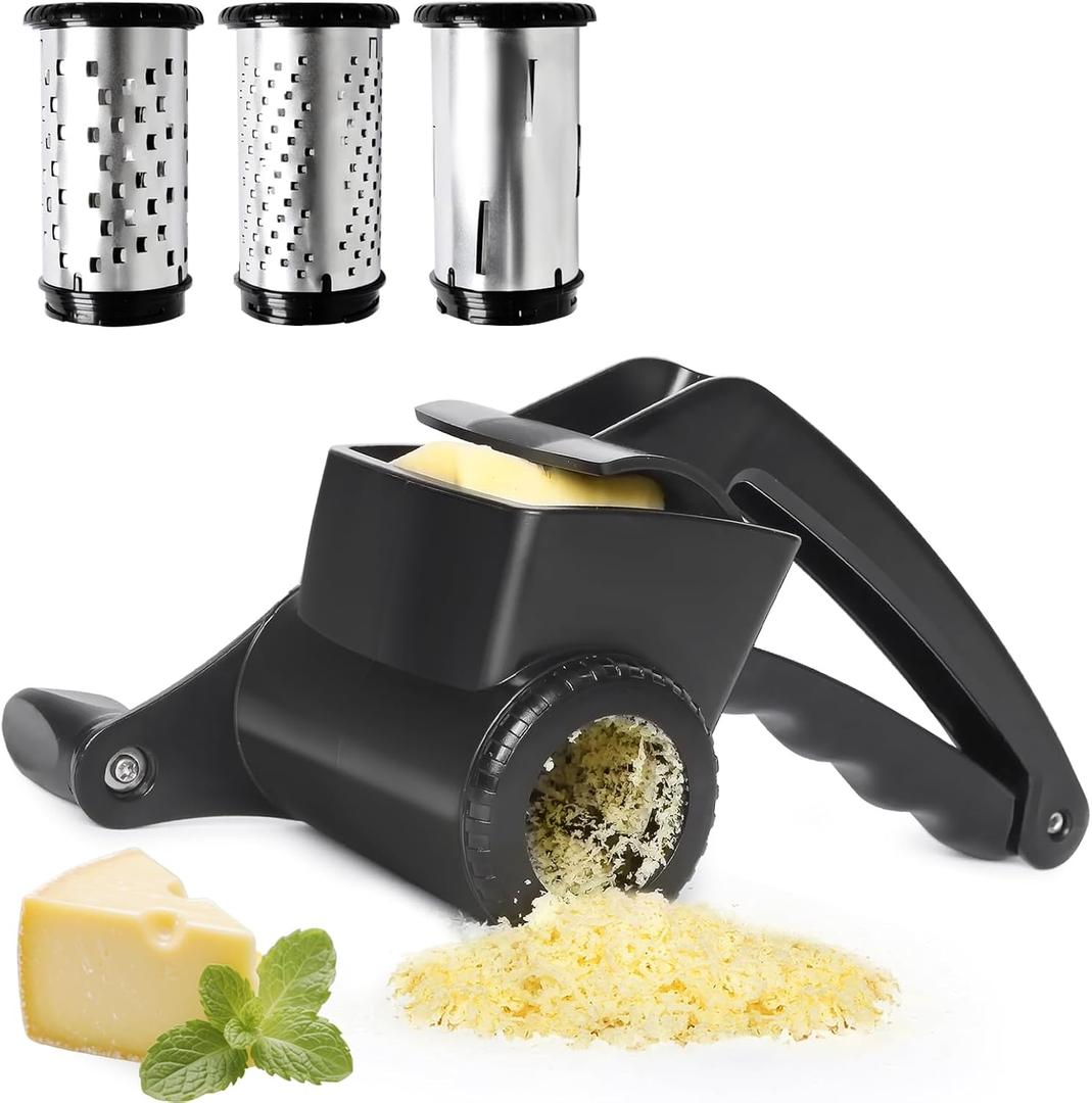 LHS Cheese Grater Hand Crank Set of 3, Rotary Cheese Grater Parmesan Cheese Shredder Handheld for Grating and Shredding Hard Cheese, Chocolate, 3 in 1,Black)