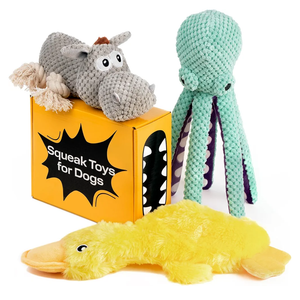 PetSpy Squeaky Stuffed Dog Toy Pack - 3 Dog Chew Toys for Large, Medium, Small Dogs and Puppies- Rope Donkey, Plush Octopus, Crinkle Duck Toy - Pet Supplies Toys for Dogs to Keep Them Busy
