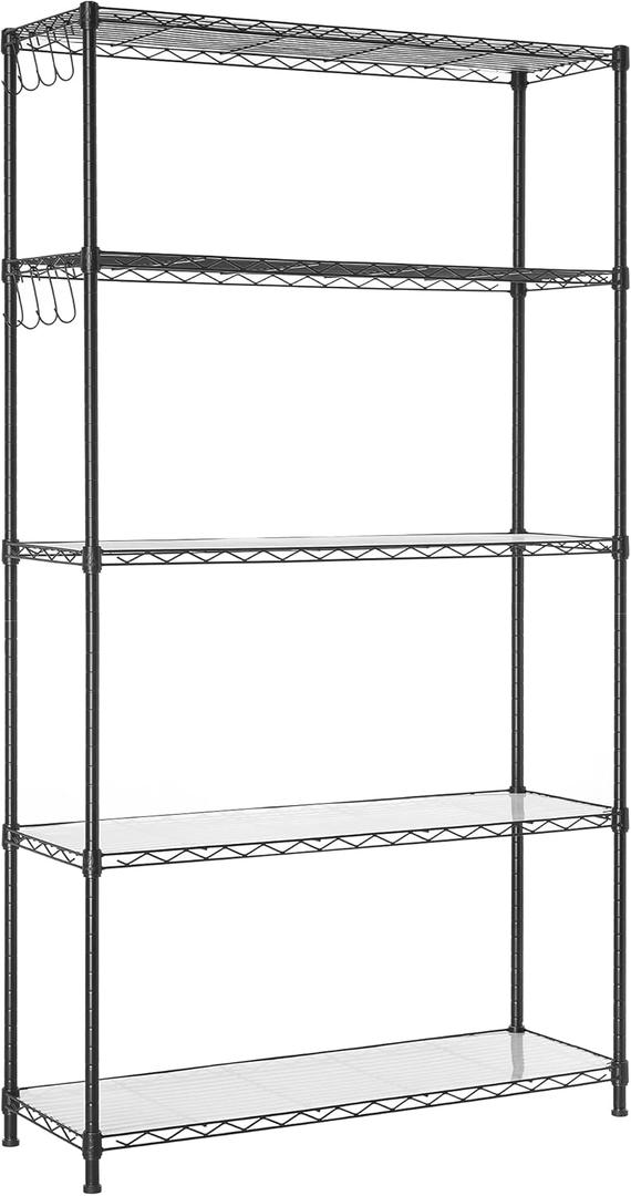 SONGMICS 5-Tier Storage Shelves, Wire Shelving Unit, Kitchen Metal Shelves, Storage Rack with Adjustable Shelves, Shelf Liners, 8 Hooks, for Garage, 11.8 x 35.4 x 63 Inches, Black ULGR095B01