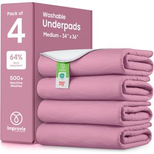 IMPROVIA Washable Underpads, Heavy Absorbency Reusable Incontinence Pads for Kids, Adults, Elderly, and Pets, Waterproof Protection Floor (Pink and White, 34" x 36" - Pack of 4)