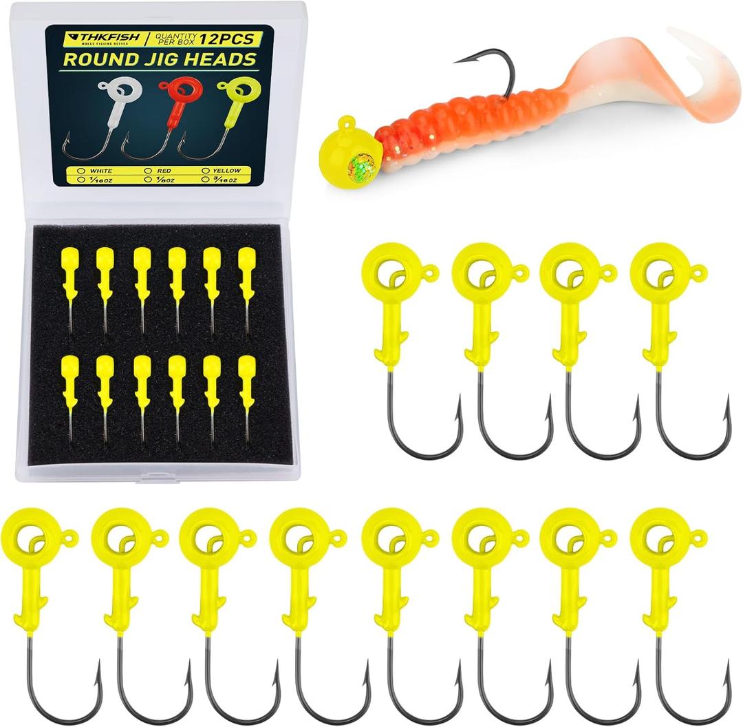 THKFISH Jig Heads Kit, 12PCS Crappie Jig Heads for Fishing, Jig Heads Hook with Round Scent Holder, Jigs for Crappie Bass Fishing, 3/16OZ, White Yellow Red