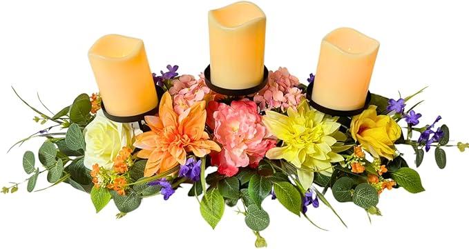 Svndlyn Candle Holder Centerpiece for Table Artificial Peonies Flowers,Rose Flowers and Morning Glory for Wedding Party Table Centerpieces Mixed Flowers Floral Arrangement Home Kitchen Decor