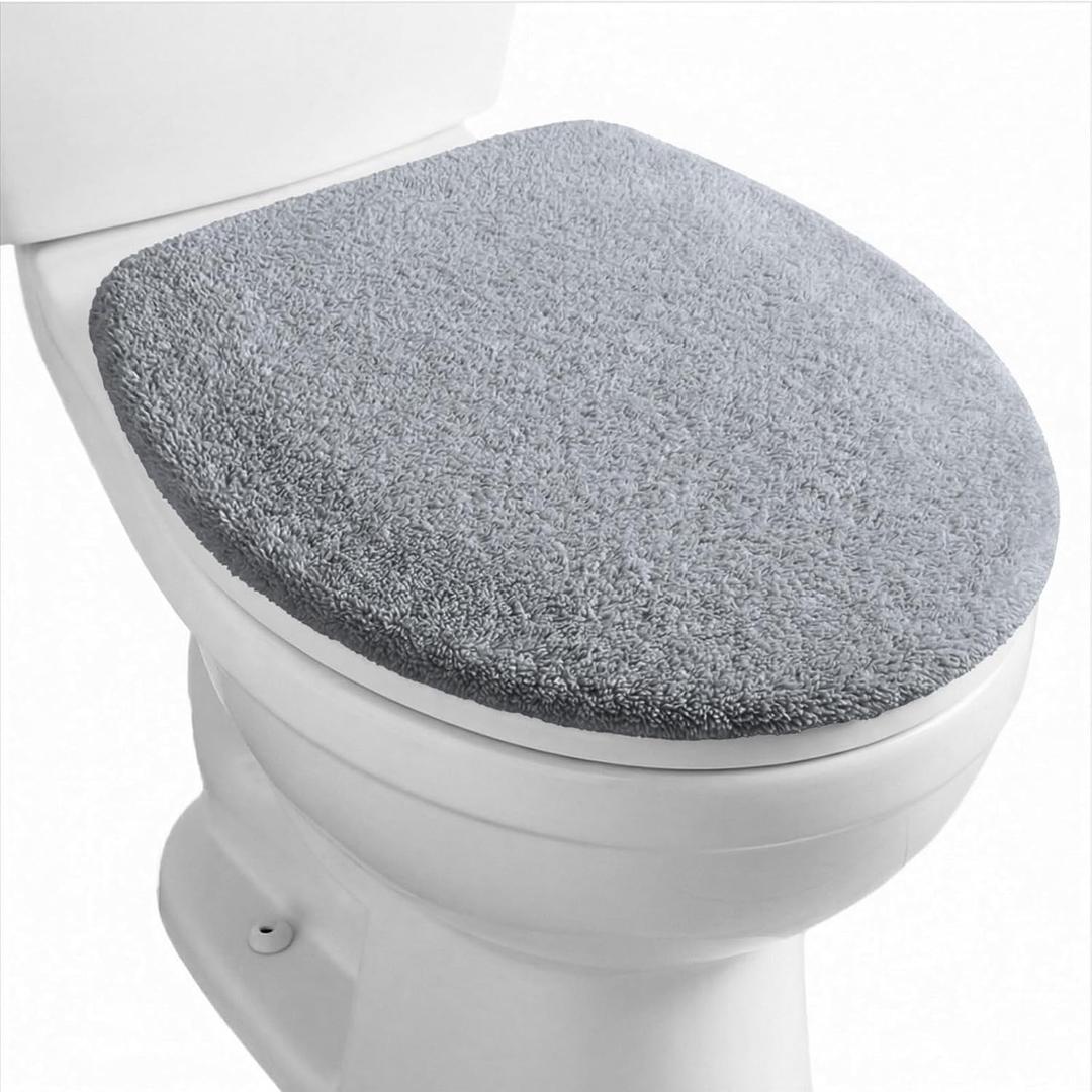 Gray Microfiber Toilet Lid Cover, Non-Slip Soft Toilet Cover Adjustable Toilets Seat Covers Absorbent Machine Washable Covers Elastic Fits Most Round Elongated Toilets Bathroom Decor(Gray)