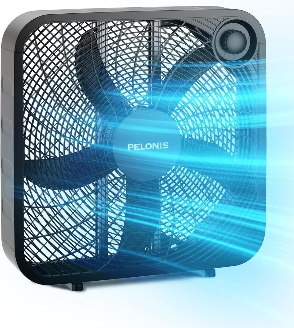 Pelonis Box Fan 20 Inch Adjustable 3 Speeds For the Perfect Noise Level for Sleeping 4 Blade Technology Provides Powerful Airflow to Beat the Heat Sleek Design, Lightweight, Durable, Black