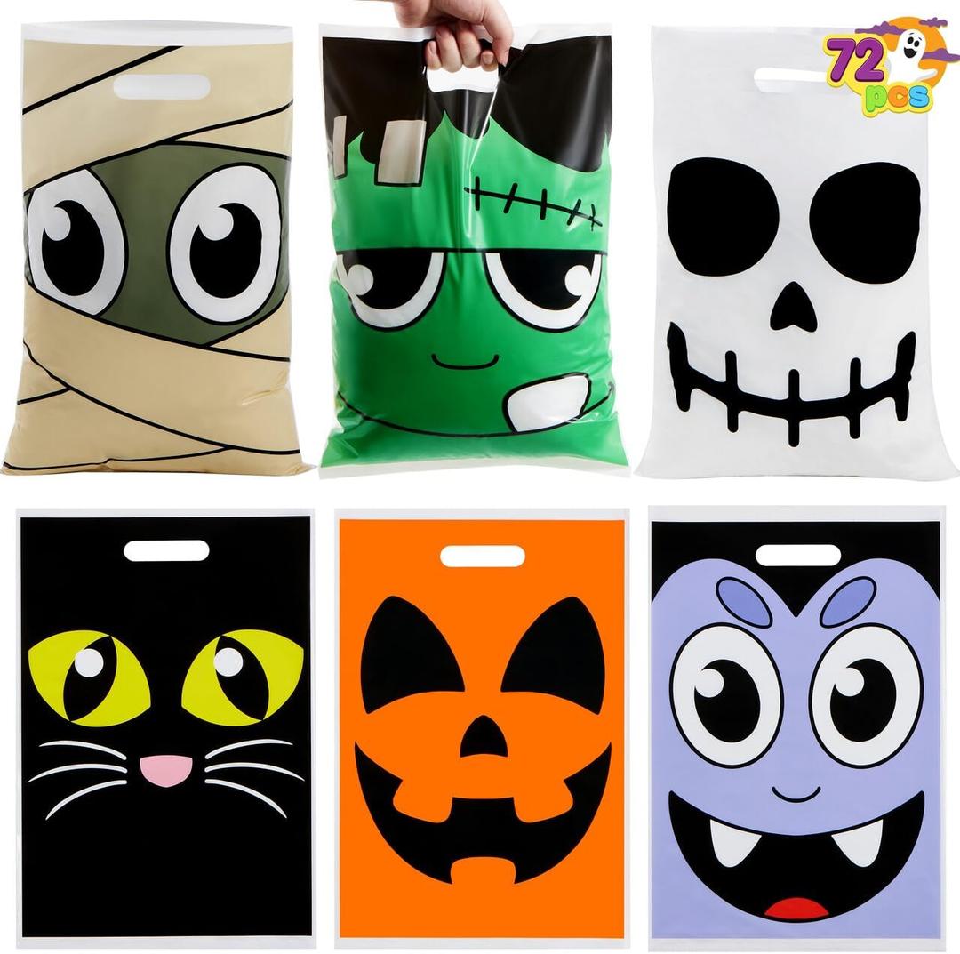 JOYIN 72 Pcs Halloween Goodie Bag for Trick-or-Treating, Plastic Snacks Bags for Kids Party Favors, Halloween Trick or Treat Candy Bags for Event Party Favor Supplies