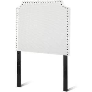 Colingmill Twin Size Contoured Headboard with Studded Upholstery with Dual Hanging Options 32 Inch Headboard with Nailtrim in White Fabric for College Dorm Room