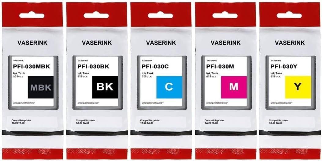 PFI-030 Ink Cartridge 55-ml (5Pcs, Matte Black,Black Cyan Magenta Yellow) Compatible PFI-030MBK PFI-030BK PFI-030C PFI-030M Replacement for Canon imagePROGRAF TA-20 TA-30 TM-240 TM-340 Printer