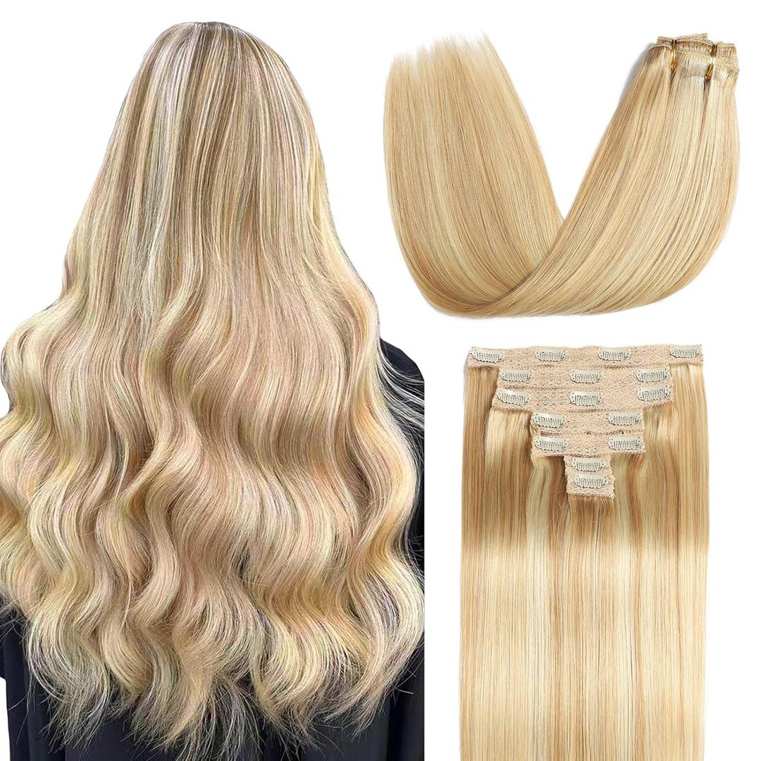 Sisily Clip in Hair Extensions Real Human Hair, Premium Human Hair Clip in Extensions Dirty Blonde to Bleach Blonde Highlight, Soft Straight Hair Extensions Real Human Hair Clip ins 7PCS 18 Inch