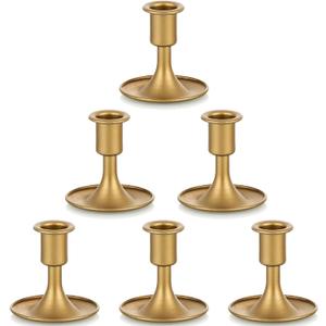Gold Taper Candle Holder Set of 6, Hewory Short Skinny Brass Candlestick Holders, Vintage Small Low Metal Candles Sticks for Wedding Centerpieces Christmas Birthday Party Holiday Dinning Table Decor