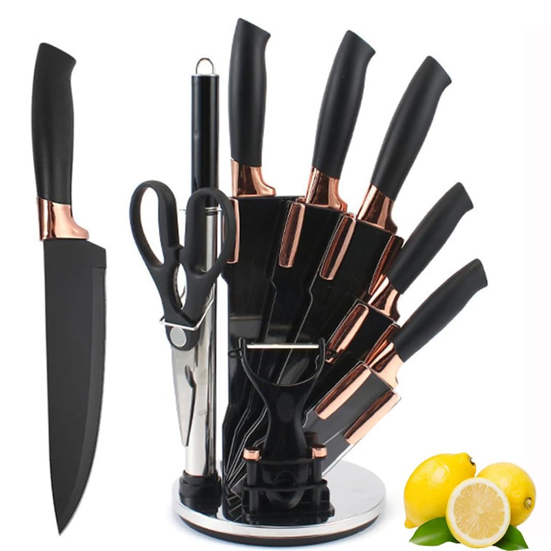 Knife Set, 9 Pieces Sharp Kitchen Knives Set with Rotatable Block, Non Stick Stainless Steel Chef Knife Set with Sharpener for Kitchen, Cooking Tools for Chefs Home Cooks (Black)
