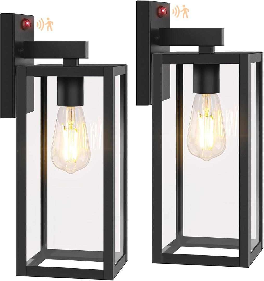 BesLowe Upgraded Motion Sensor Outdoor Wall Lights, 15 Dusk to Dawn Porch Lights Outdoor Wall Sconce Lanterns, 3 Lighting Modes Exterior Lighting Fixtures, Black Outside Lights for House, 2-Pack