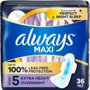 Always Maxi Overnight Pads with Wings for Women, Size 5, Extra Heavy Overnight Absorbency, Unscented, 36 Count