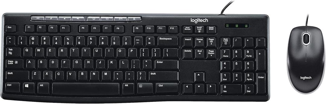 Logitech MK200 Media Combo Wired Keyboard and Mouse, FullSize Keyboard with EasyAccess Media Controls, HighDefinition Optical Mouse, Plug and Play USB Connection – Black