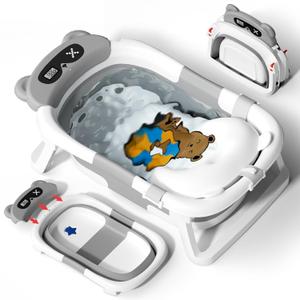 AVIDOR Baby Bathtub,Collapsible Bathtub for Newborn to Toddler,Durable Essential Infant Bath Tub,Portable Travel Baby Tub with Soft Cushion,No-Slip Hanging and Detachable(Grey)