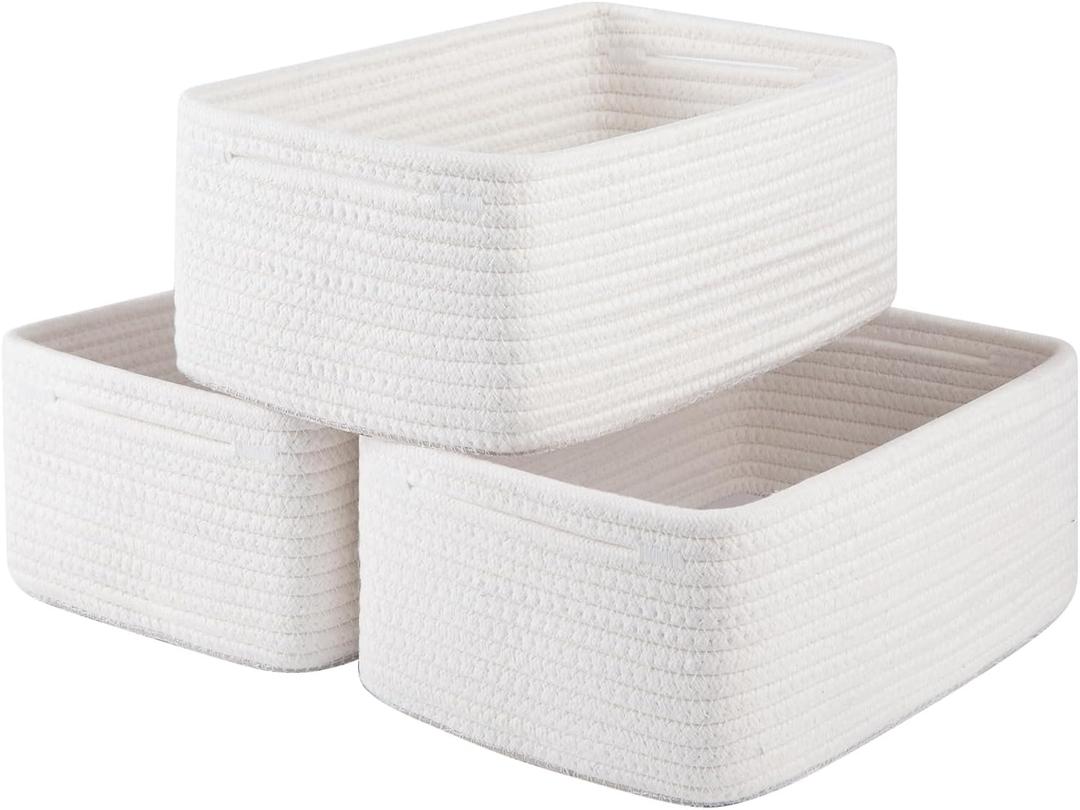 OIASKET 3 Pack Small Storage Baskets for Organizing, Cute Woven Decorative Gift Baskets for Shelves, Mini Closet Organizer Bins with Handles, 11.81''Lx7.87''Wx4.72''H-White
