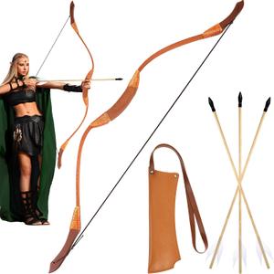 Wooden Bow and Arrow Set Leather Quiver 40 Inch Medieval Wooden Bow and Arrow Halloween Cosplay Costume Prop (Brown)