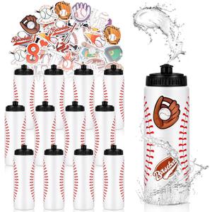 DIQIUREN 12 PCS Baseball Water Bottle Bulk with 300 PCS Stickers, 20 OZ Plastic Reusable Baseball Water Bottles for Boys, Squeeze Water Bottles Sports for Baseball Team, Sports Bottles Squeeze for Gym