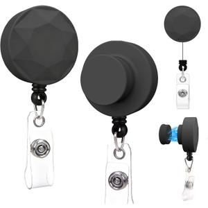 2 Pcs Retractable Magnetic Badge Reel, Diamond Design Strong Magnetic Badge Holder, Name ID Tag Clip with 24 Inch Pull Cord for Nurses Teachers Office Staff (Black)
