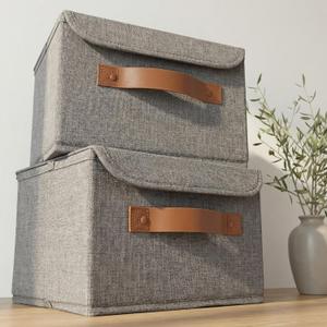 Decorative Linen Storage Boxes with Lids - Spacious Set of 2 Organizer Bins for Your Home Decor - The Perfect Small Container to Safely Store Photos, Documents and Memory Box Keepsakes in Style (Medium, Grey)