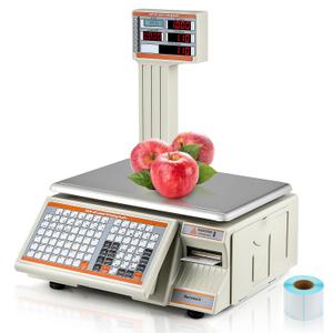 Bonvoisin Label Printing Scale 66lbs Capacity Price Computing Scale Pole Display with Label and Receipt Printer Commercial Barcode Scale for Retail Store, Supermarket and Farm