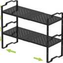 Expandable Shelf for Cabinet Organizer Adjustable Stackable Spice Rack at Kitchen and Bathroom More,Metal Plate with Hole (2 Packs/Black, Large) (LARGE: 10.1"D x 16.5"~27.1W x 10.6"H)