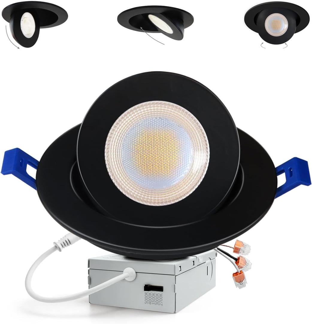 Adetu Recessed Lighting 6 inch, 360+90 Adjustable Directional 6 inch 5CCT Gimbal Black Led Recessed Light, 2700K-5000K Dimmable Retrofit Eyeball Can Recessed Lights with Jbox, ET (Black,1 Pack)
