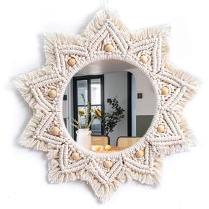 Boho Wall Decor Mirror Macrame Circle Hanging Mirror for Bedroom Living Room Apartment Entryway Home Decor (White)