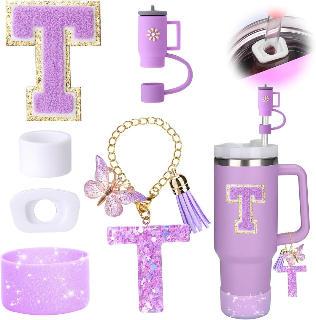 3 x Mity rain 6PCS Cup Accessories Set for Stanley Cup 30oz 40oz tumbler with handle, Including Silicone Straw Topper Cover Cap and Boot, Spill Proof Stopper, Handle Charm, Initials Sticker (Letter T)