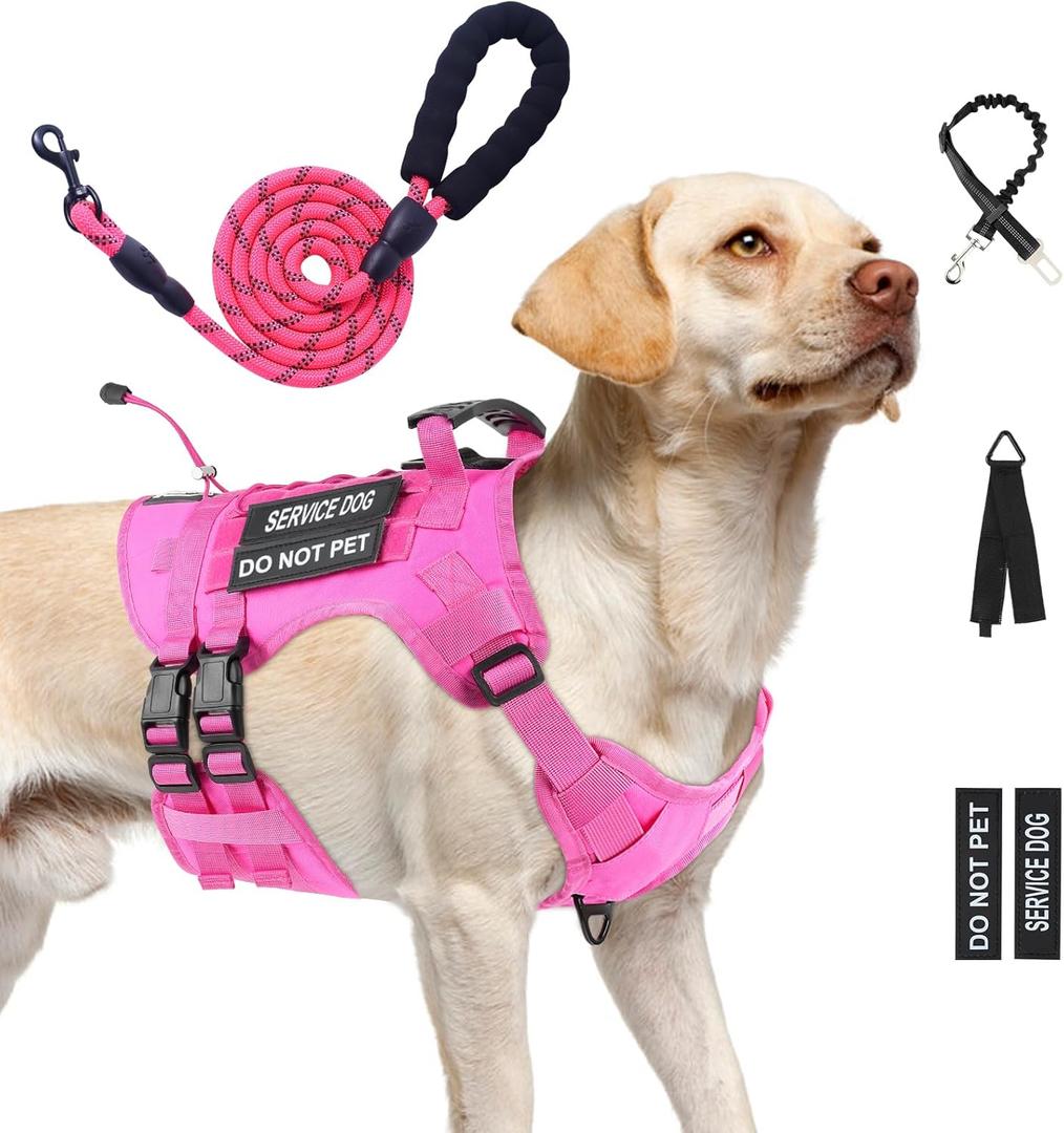 No Pull Tactical Dog Harness for Large Dogs, Escape Proof Molle Dog Vest Harness and Leash Set, Adjustable Military Service Dog Harness with Handle for Medium Large Dogs(Pink, L)