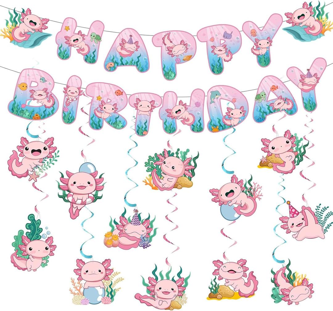 Clabby 27 Pcs Axolotl Birthday Party Decorations Set, Happy Birthday Banner with Ceiling Hanging Swirls Pink Salamander Reptile Theme Decor for Girls and Kids, Axolotl Baby Shower Party Supplies