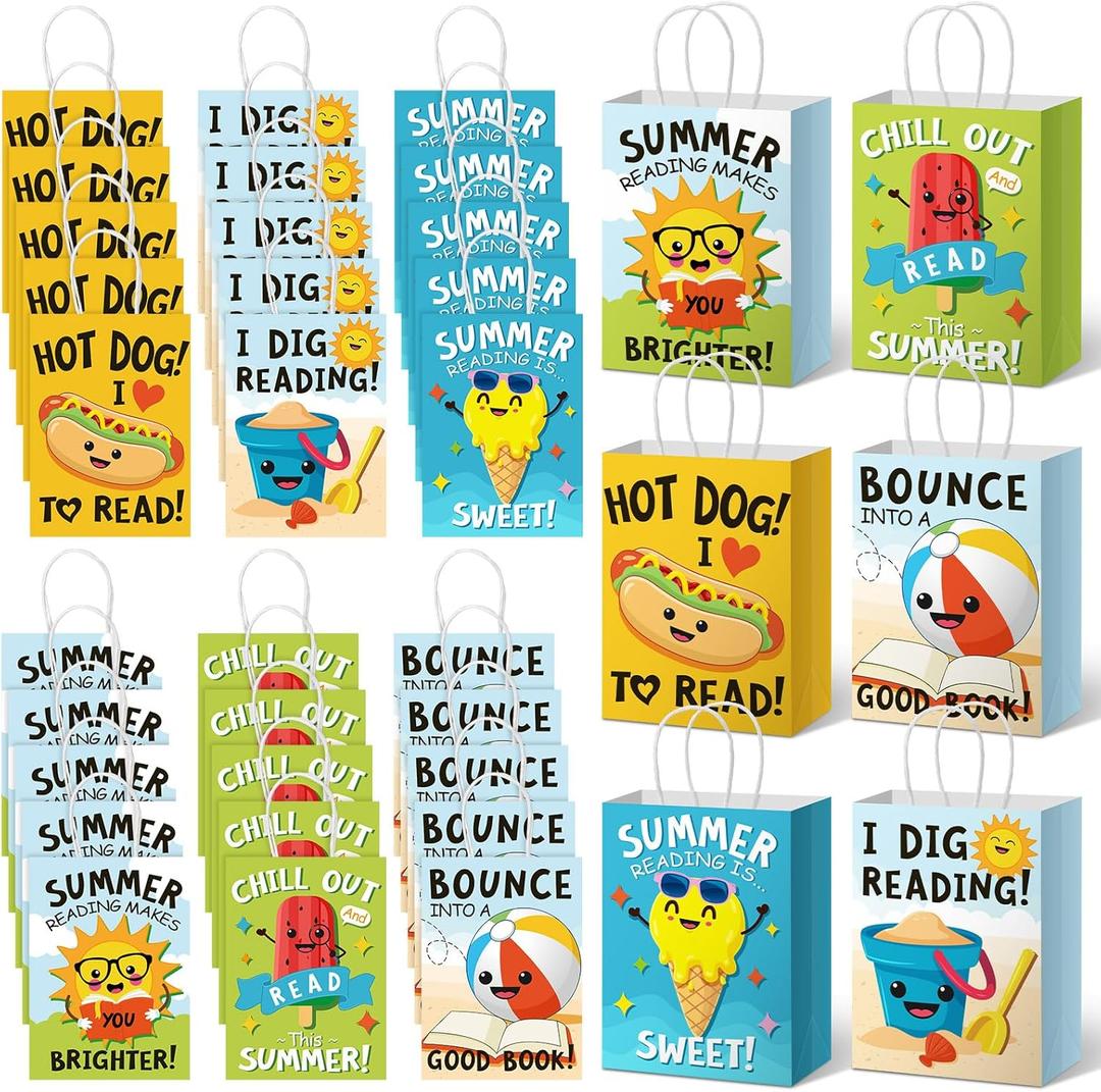 Affrolling 30 Pcs Summer Reading Paper Gift Bags Books Reading Goodie Bags with Handles 7.9 x 5.9 x 3.5 Inches Read Party Favor Treat Bag for Summer Book Lovers Exchange Gift