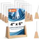 EHWINE 8 Pack 4x6 Acrylic Sign Holder with Wood Base, 2-in-1 Vertical & Slant Back Display, U-Shaped Clear Menu Holder Stand with Non-Slip Base Pads for Table, Desk, Countertop, Restaurant